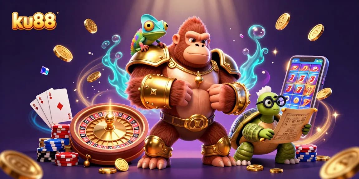 Engage with ku88’s vibrant casino scene featuring a gorilla king and 3D game elements.