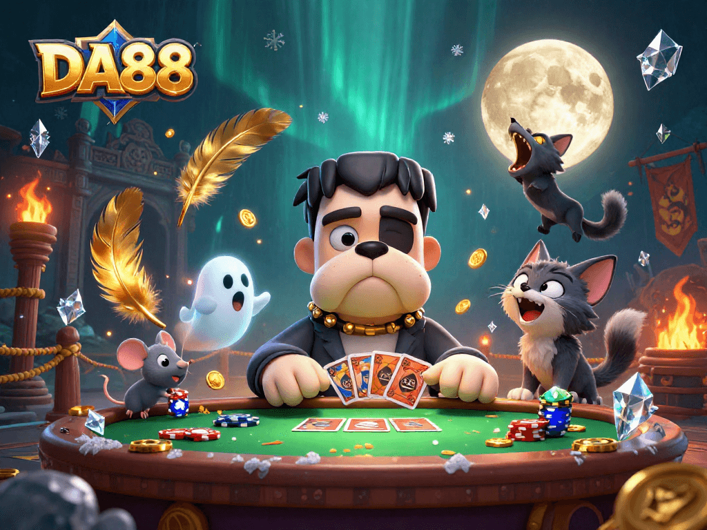 DA88 players enjoy a thrilling card game with unique characters at a spooky casino table.