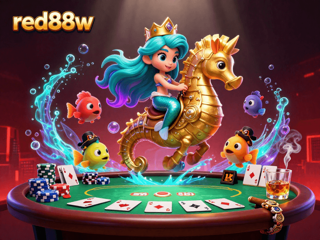 Experience the thrill of red88w casino with vibrant mermaid-themed poker action and colorful characters.
