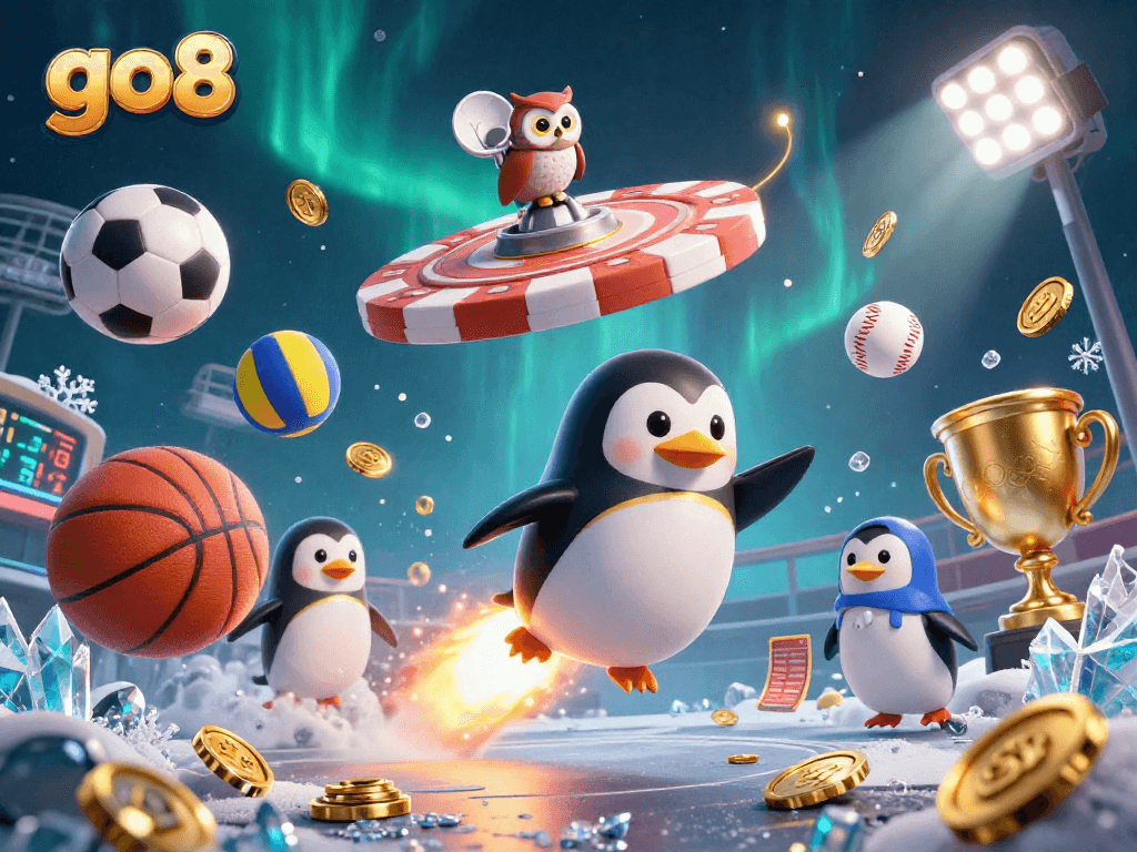 Experience thrilling wins at go8's dynamic casino with 3D cartoon penguin navigating a golden journey.
