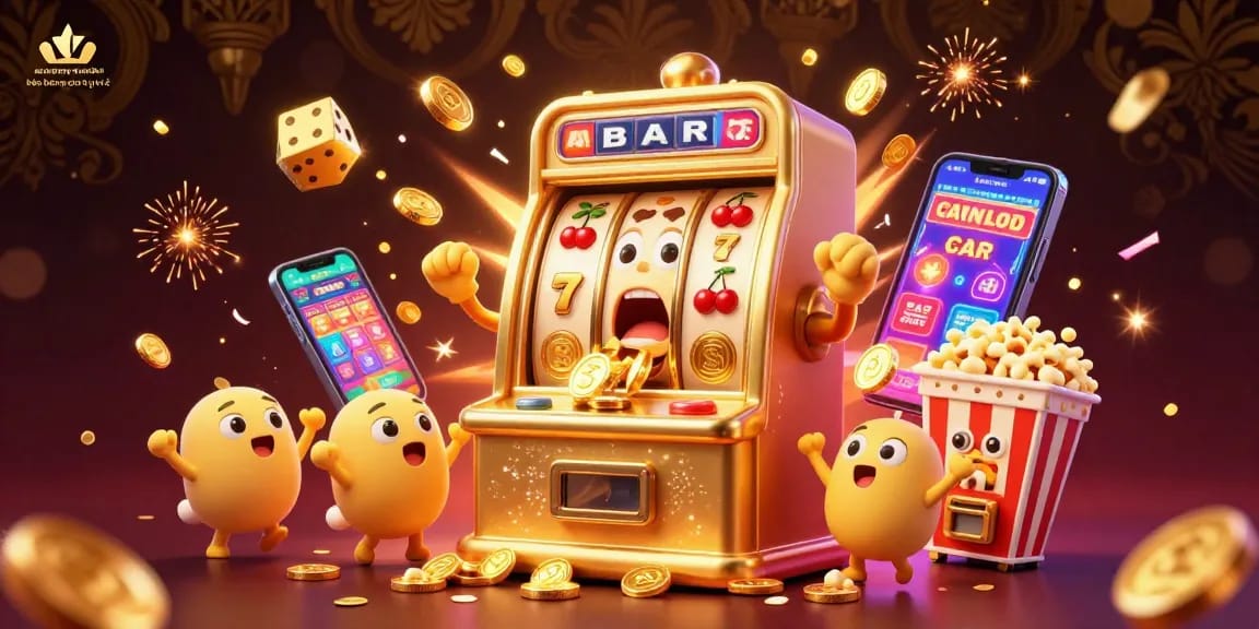 Experience the excitement of kèo bóng đá trực tuyến as a golden slot machine wins a jackpot, surrounded by cheering machines.