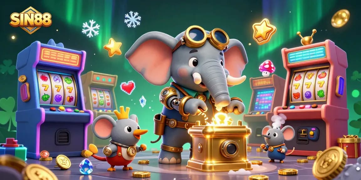 Solve gaming puzzles with SIN88 in a vibrant 3D casino scene featuring a steampunk elephant and slot machine.