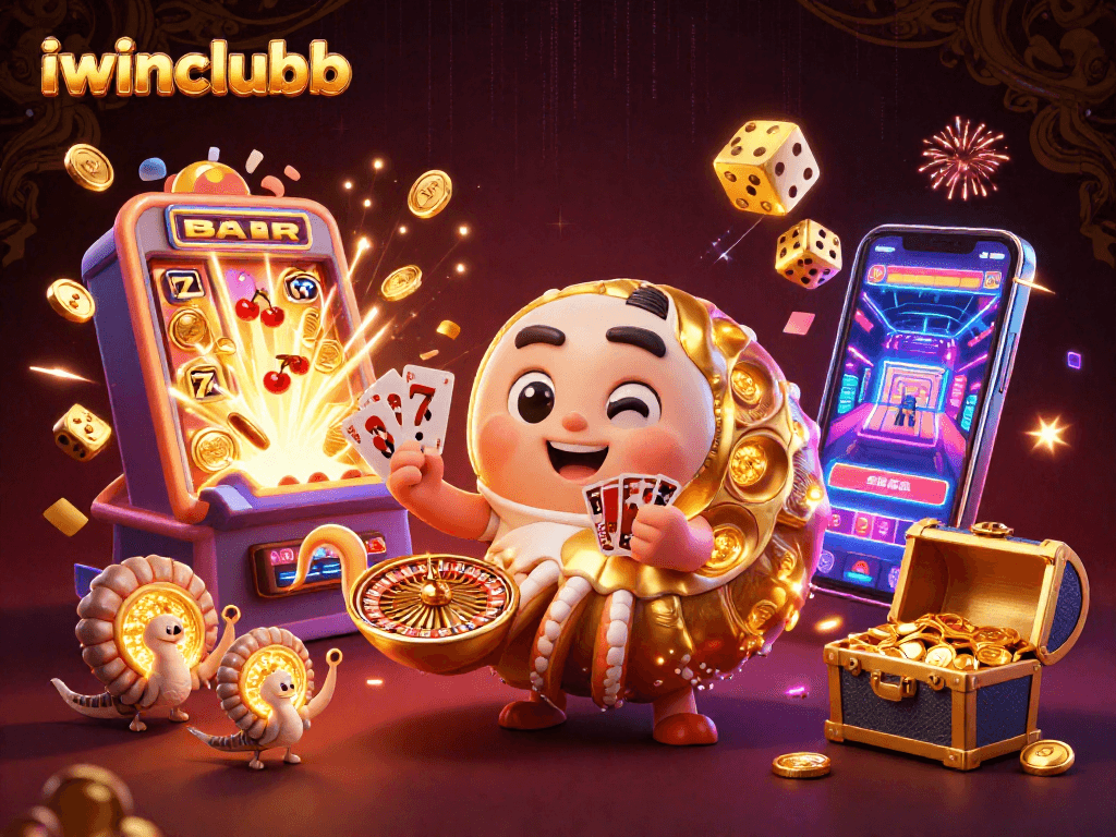Experience the excitement of iwinclubb with a vibrant casino-themed 3D illustration showcasing jackpots.