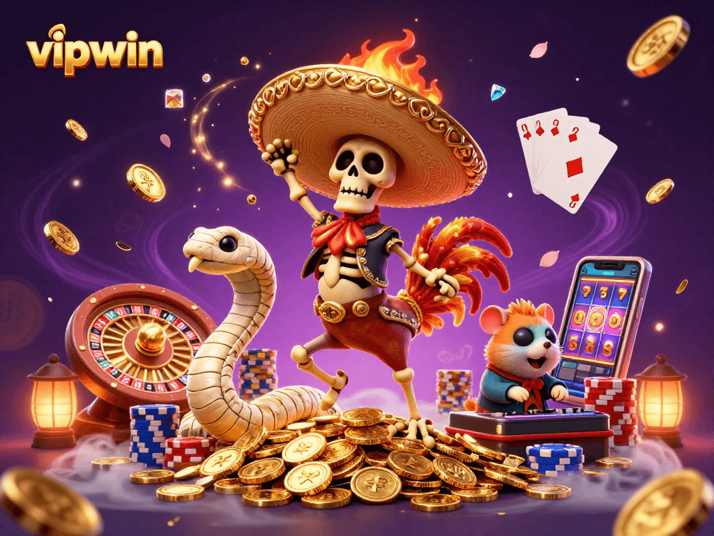 Catch the excitement of vipwin with a vibrant dance of luck amidst golden coins and casino elements.