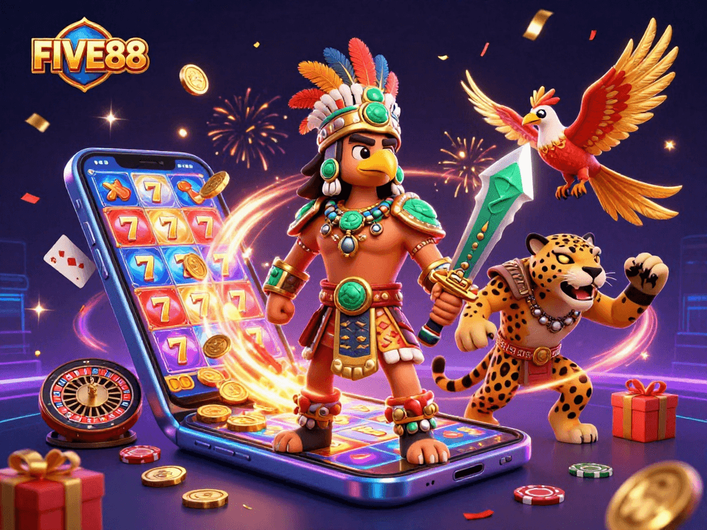 Play dynamic slots with FIVE88 featuring colorful spinning reels and exciting gameplay elements.