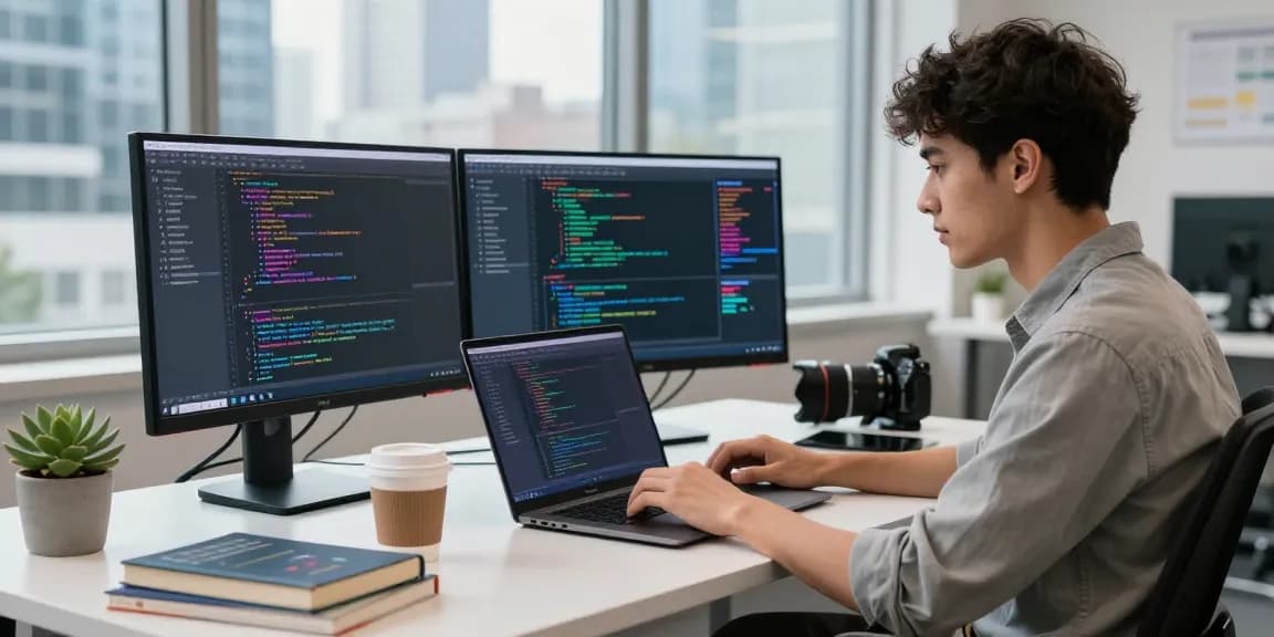 Engineer coding 18+ ai advancements in a modern workspace with vibrant urban backdrop.