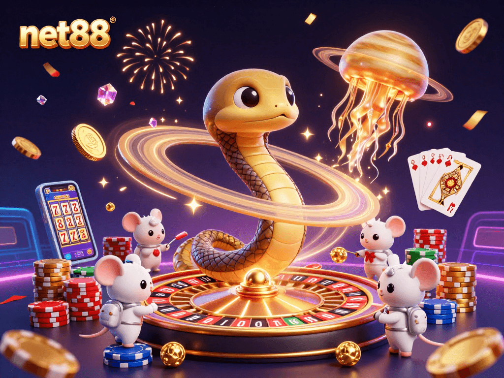 Experience net88 with a thrilling cosmic casino scene featuring a roulette wheel and cheerful astronaut mice!