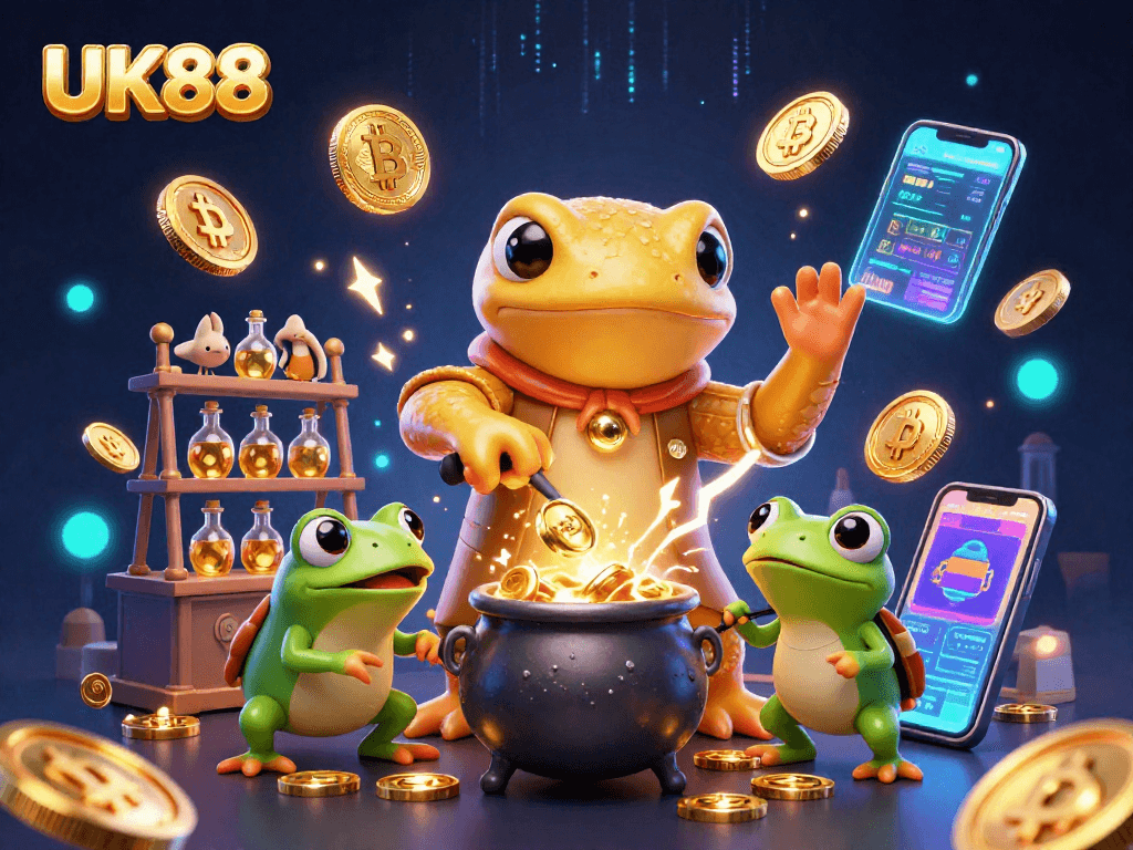Unleash winning strategies with UK88's vibrant casino scene, showcasing gold coins and crypto elements.