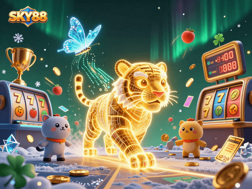 Experience thrilling gaming action at SKY88 with a vibrant digital casino landscape and dynamic characters.