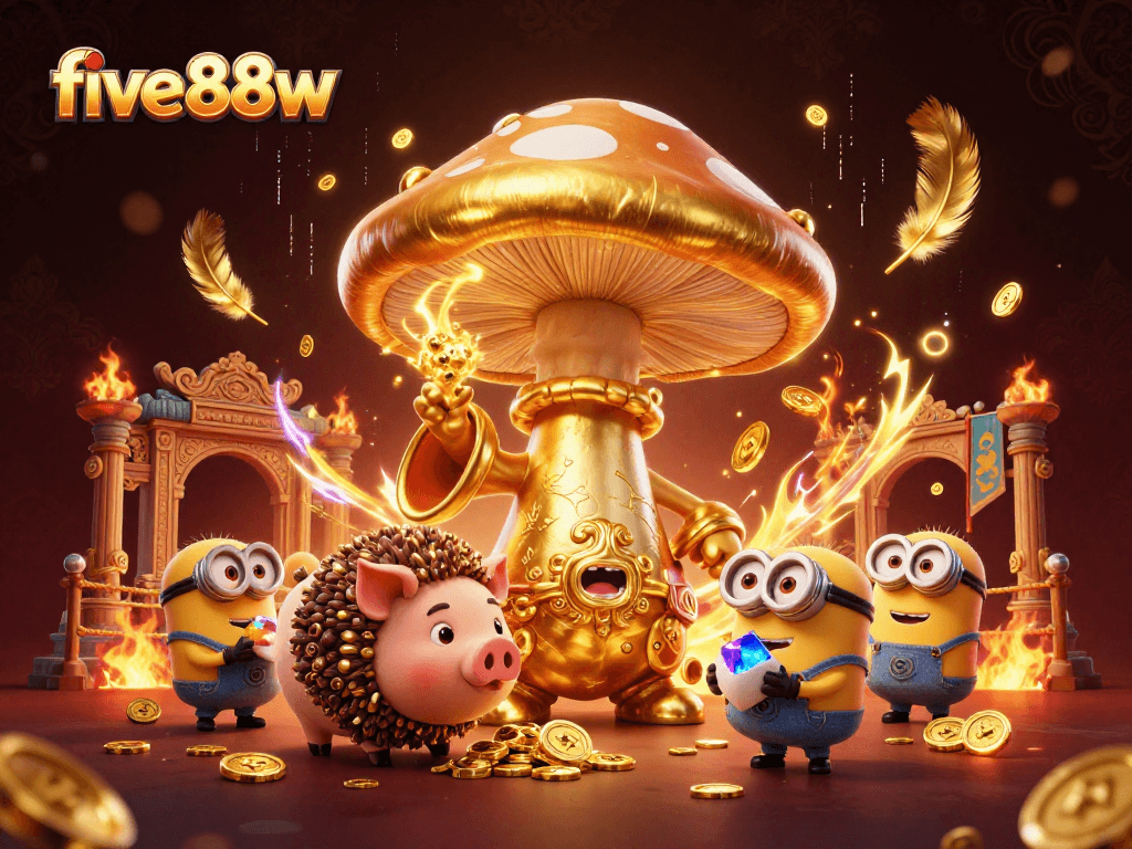 Engage with five88w's exciting 3D casino scene, where a magical mushroom wizard channels gold!