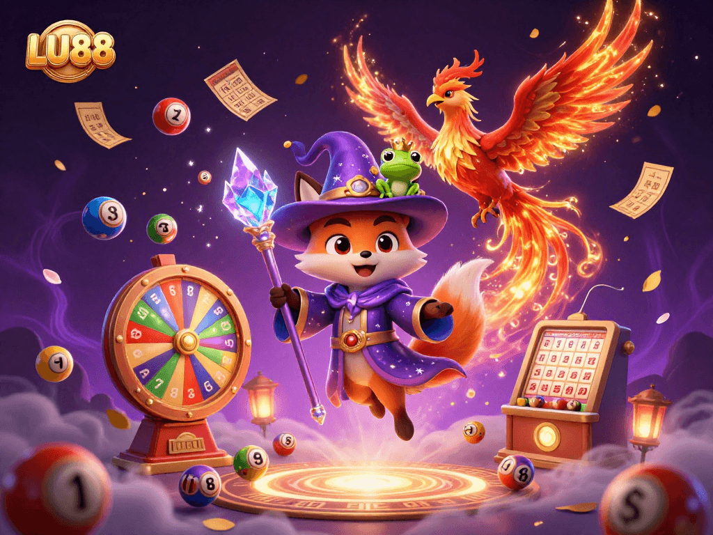 LU88 showcases a magical scene with a wizard fox, phoenix, and lottery elements celebrating winning chances.