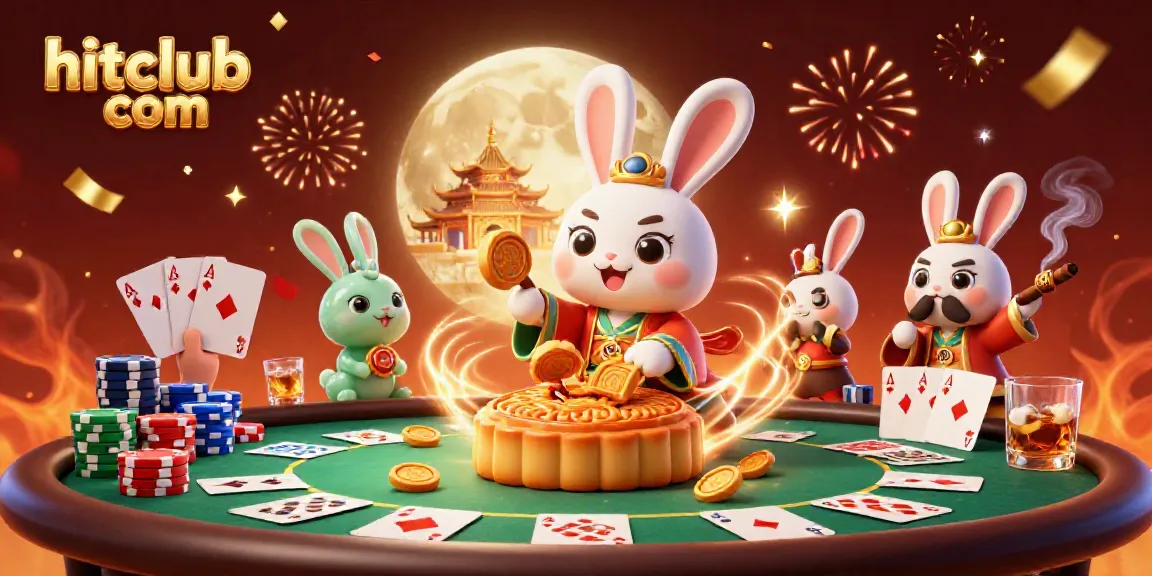 Experience exhilarating poker action with hitclub com in a vibrant 3D scene featuring moon rabbits and gold!