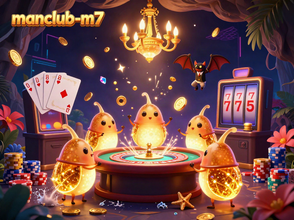 Engage with the manclub-m7 casino experience featuring glowing characters and vibrant game elements.