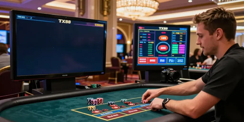 Player engaging with live dealer at TX88 online casino, showcasing dynamic betting experience.