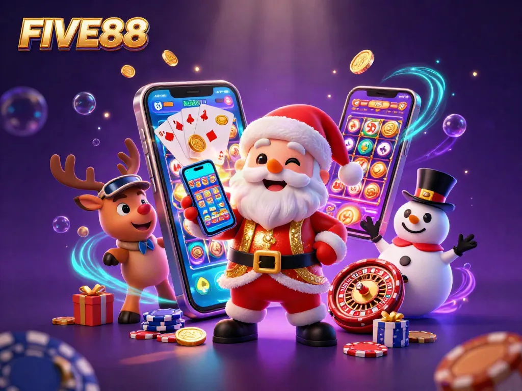 FIVE88 offers exciting slots with a 3D cartoon Santa, reindeer, and snowman celebrating wins.