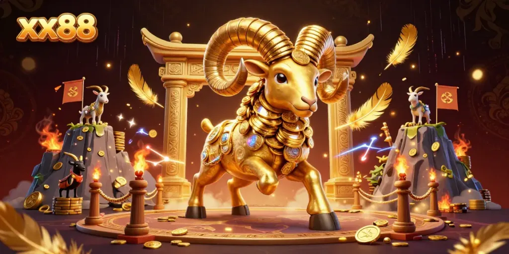 Engage with exciting gambling experiences at xx88, featuring a dramatic golden ram charging through a vibrant casino scene.
