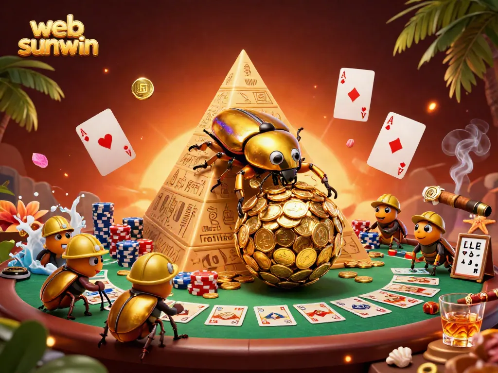 Experience the thrill of web sunwin with golden coins and vibrant poker elements in a lively casino scene.