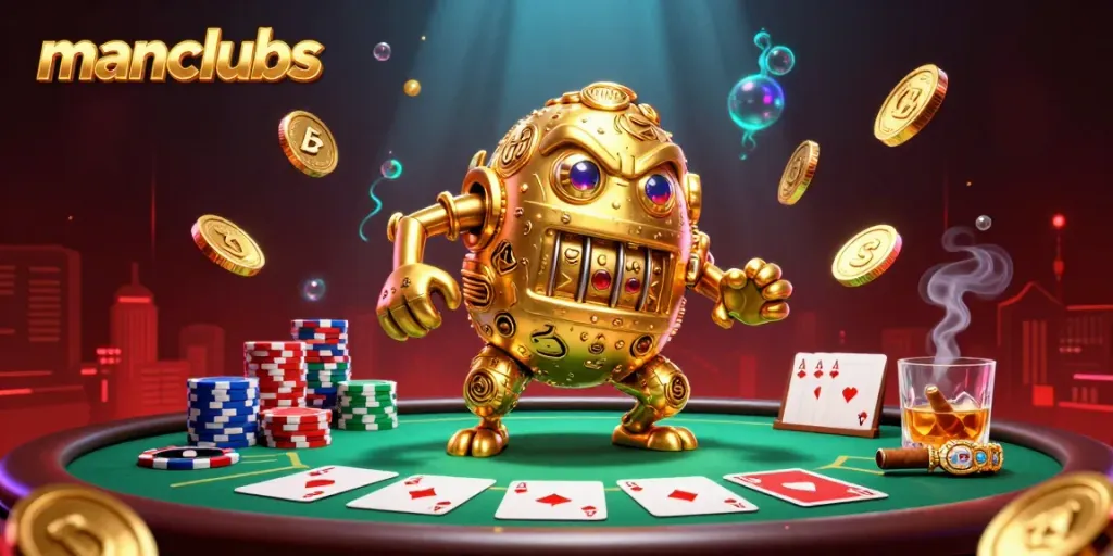 Engage with manclubs in this vibrant poker scene featuring a golden golem, colorful chips, and glowing effects.