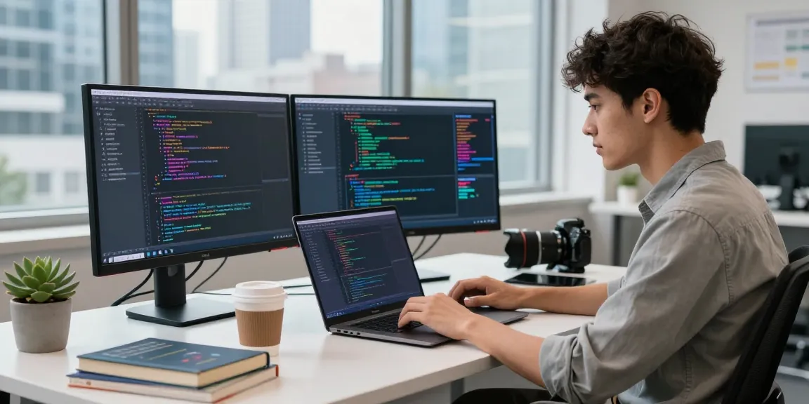 Engineer coding 18+ ai advancements in a modern workspace with vibrant urban backdrop.