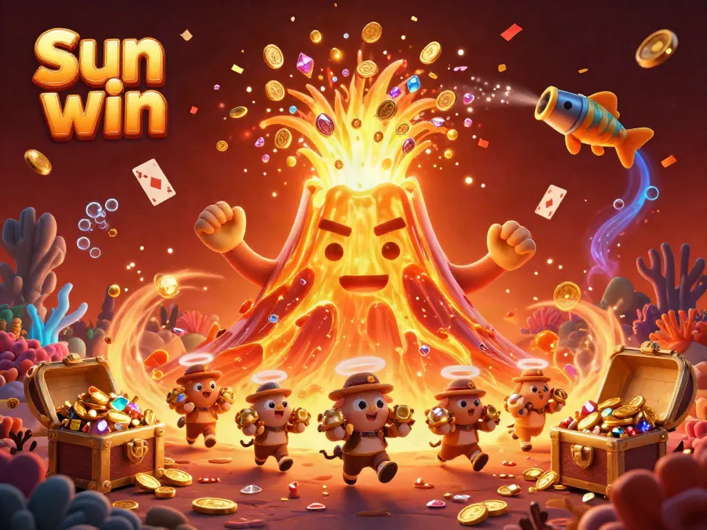 Experience the thrill of Sun win with a triumphant volcano erupting coins amidst a colorful treasure explosion.