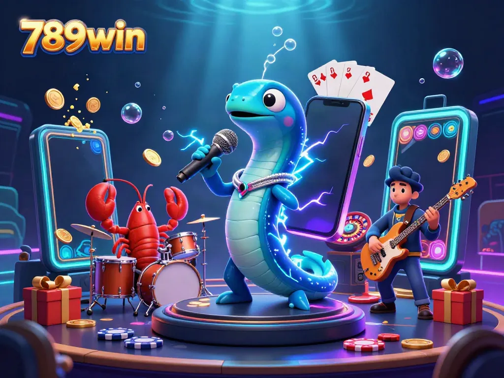 Experience the thrill of 789win with vibrant underwater casino scene featuring an electric eel DJ and his band.