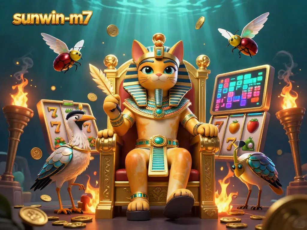 Engage with sunwin-m7 as the Egyptian pharaoh cat oversees dynamic slot games with vibrant elements.
