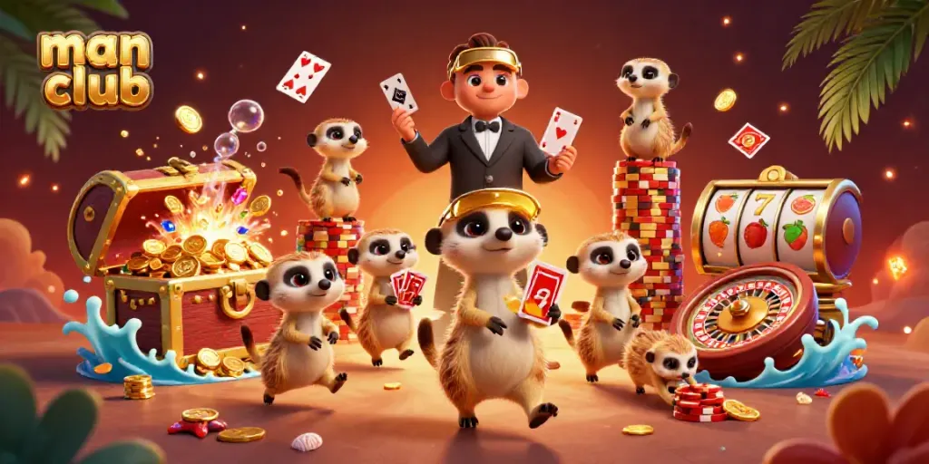 Engaging scene of meerkats operating a casino at man club, showcasing vibrant gaming elements and dynamic energy.