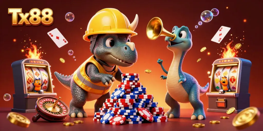Experience winning strategies at Tx88 with vibrant casino elements and characters celebrating success.