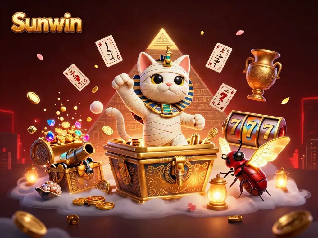 Experience thrilling wins at Sunwin with a vibrant 3D casino illustration featuring a mummy cat and golden treasures.