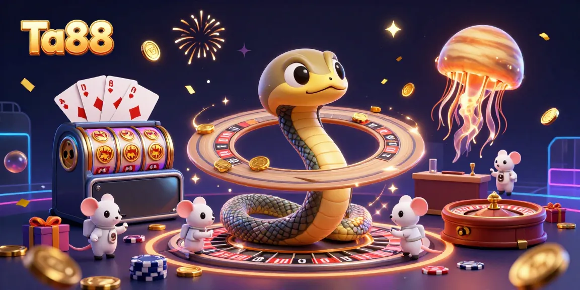 Experience exciting bets at Ta88 with a vibrant 3D scene featuring cosmic characters and casino elements.
