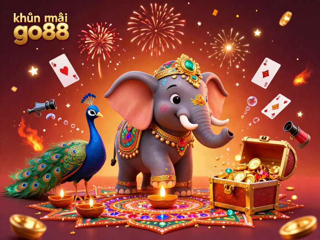 Engage with khuyến mãi go88 through a vibrant 3D cartoon scene featuring a decorated elephant, gems, and festive elements.