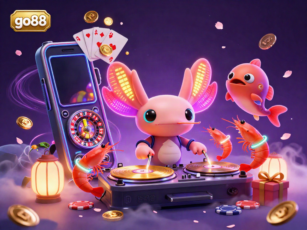 Engage in the vibrant gaming world of go88 depicted through a lively underwater scene featuring axolotl DJ and friends.