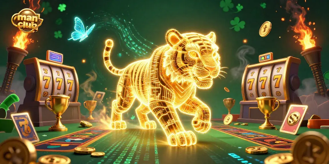 Interactive gaming scene showcasing the man club, featuring a neon tiger in a vibrant casino environment.