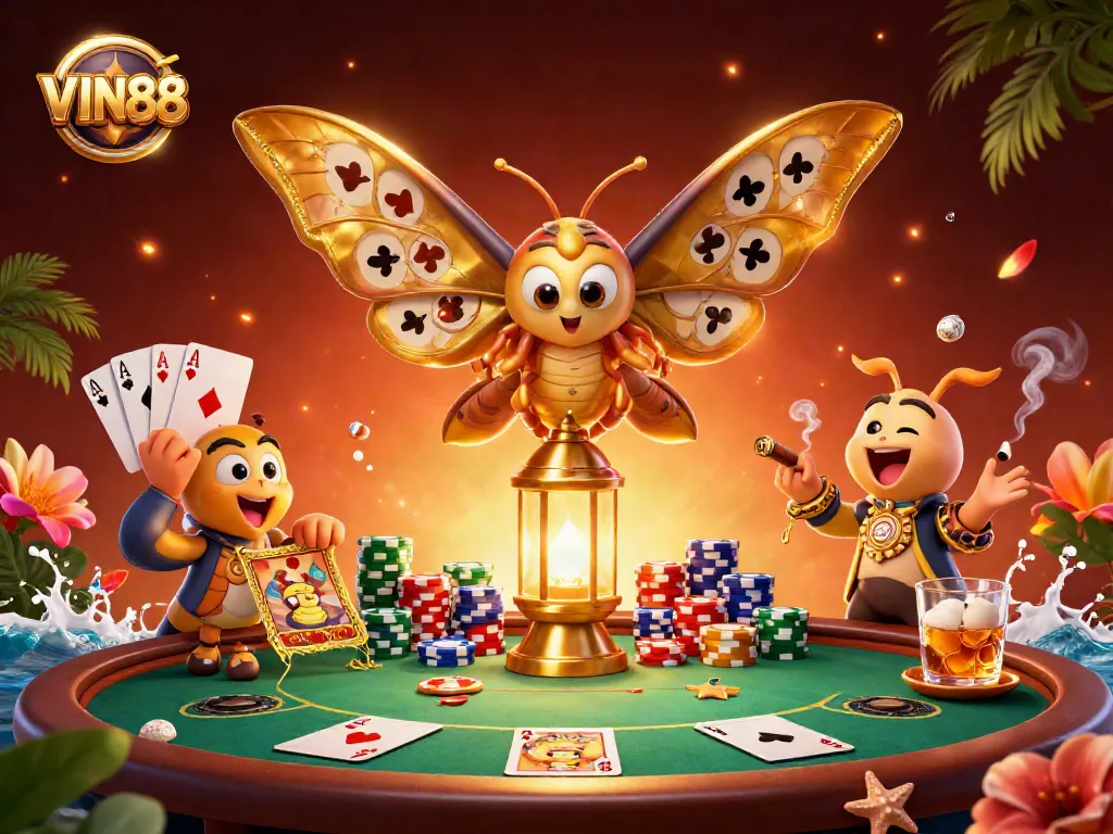 Experience the thrill of VIN88 with a dazzling 3D casino scene showcasing poker and vibrant visuals.
