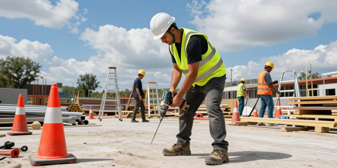 Professional working environment with Diadora safety shoes on a construction worker, showcasing a safe job site.