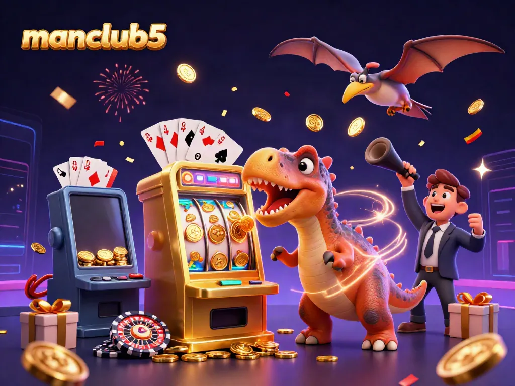 Experience manclub5's dynamic casino scene with pachycephalosaurus and golden coins!
