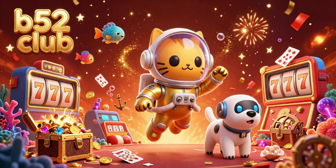 Experience exciting gaming at b52 club with a floating astronaut cat and robot dog amidst casino elements.