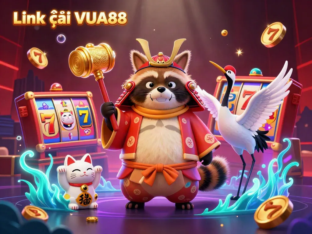 Engage with the vibrant world of Link vào VUA88 featuring cheerful tanuki and luck-filled slots in a festive casino scene.