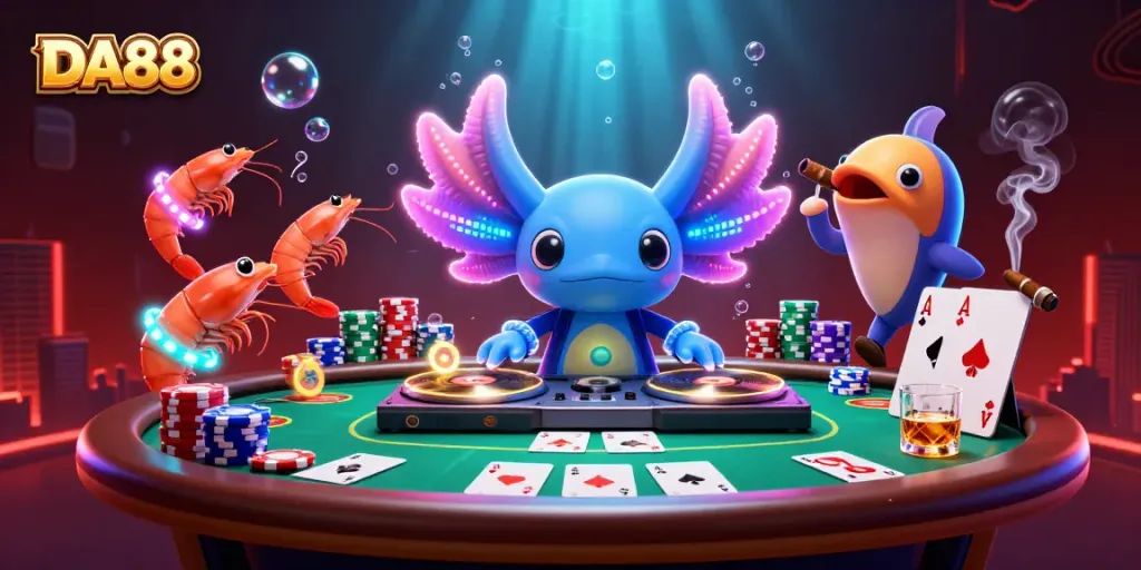 Engage with DA88 at a thrilling underwater casino scene featuring vibrant axolotl DJ and poker elements.