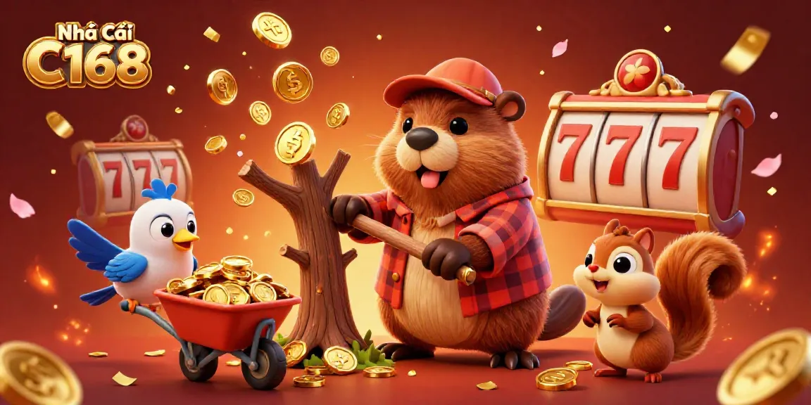 Experience vibrant excitement at Nhà Cái C168 with a cartoon beaver and friends celebrating with golden coin rewards.