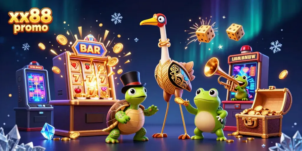 Experience the excitement of xx88 promo with vibrant scenes of casino action featuring animated characters and game elements.
