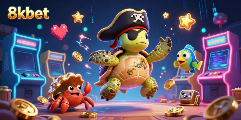 8xbet casino illustration featuring a pirate turtle, hermit crab, and parrotfish among games and treasure.