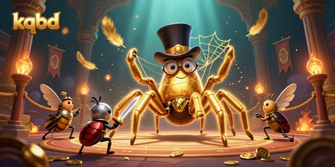 KQBD sports betting scene featuring a golden tarantula and a beetle knight among vibrant casino elements.