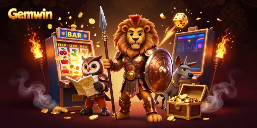 Spin to win at Gemwin with a dynamic gaming scene featuring characters and vibrant casino elements.