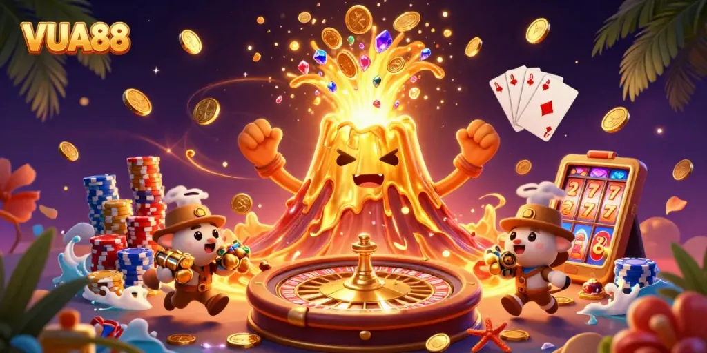 Experience winning on VUA88 as a golden volcano erupts treasure amid dynamic casino elements.