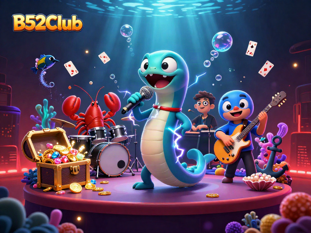 B52Club electric eel DJ performing undersea with vibrant casino elements and glowing treasures.
