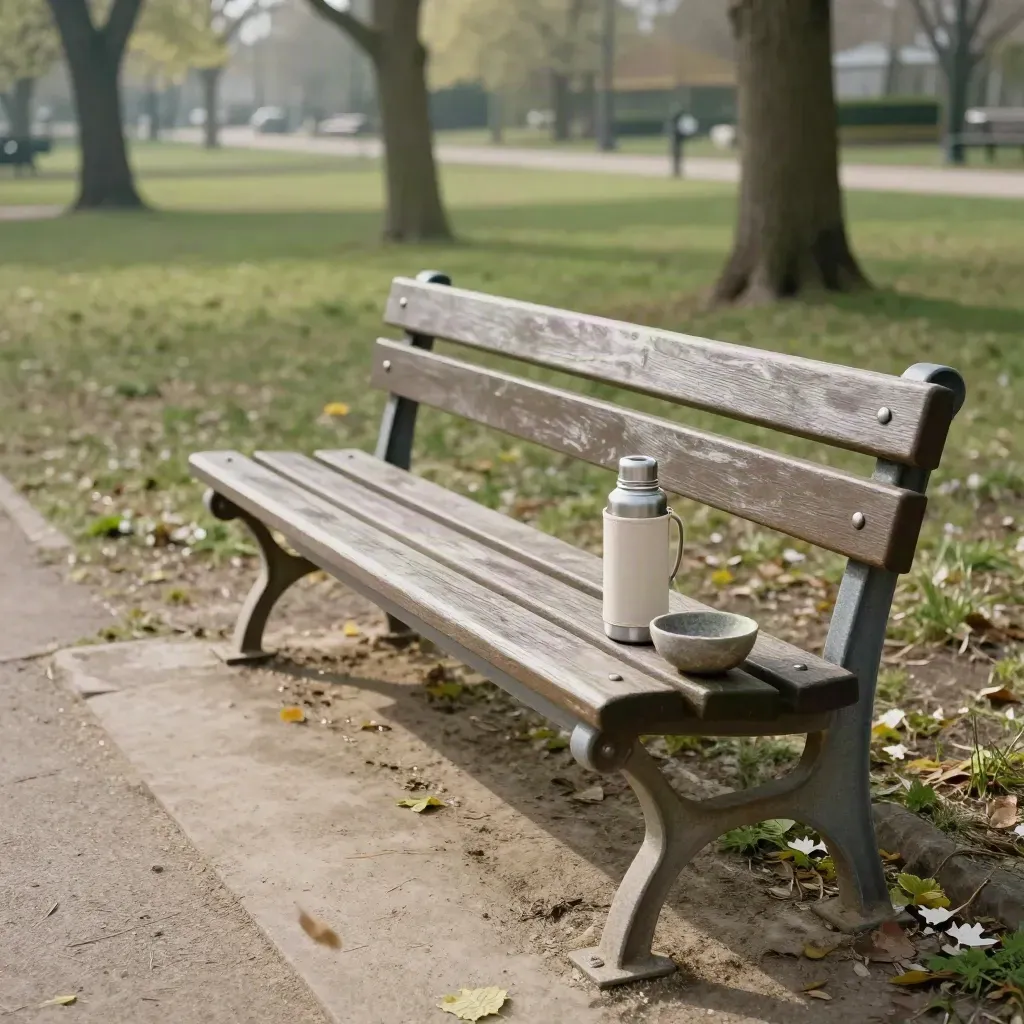 Park bench with thermos and stone bowl in windy morning light, leaves sweeping past.