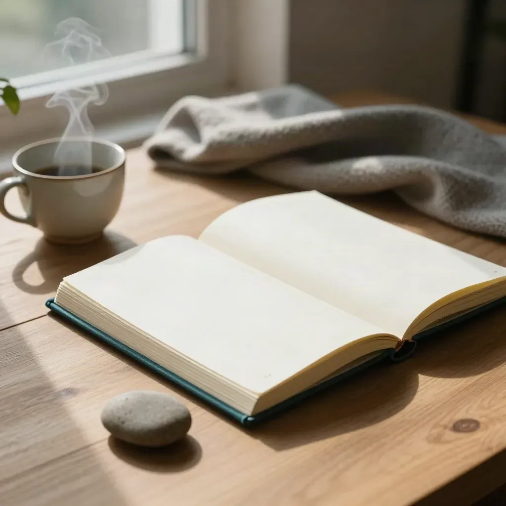 Open mindfulness journal, teacup, stone, throw and plant on oak table in soft morning light.