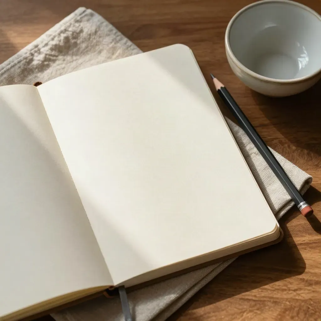 Overhead journal, pencil, ceramic bowl and linen napkin on a breakfast table in soft morning light