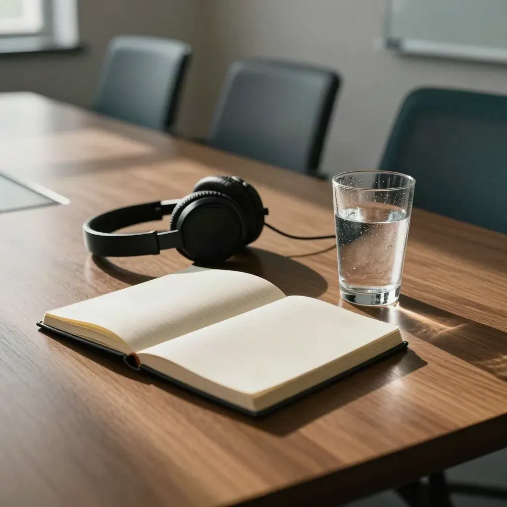 Empty meeting room still life with notebook, headphones, and water on a table